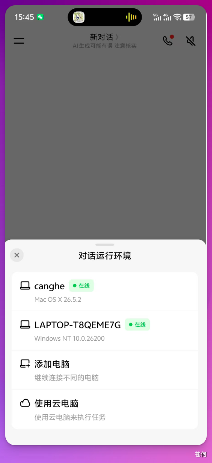 多设备列表：本地电脑与云电脑同时在线