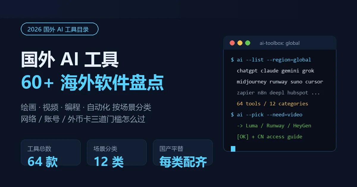 国外 AI 工具大全（2026）：60+ 海外好用 AI 软件与国内使用指南
