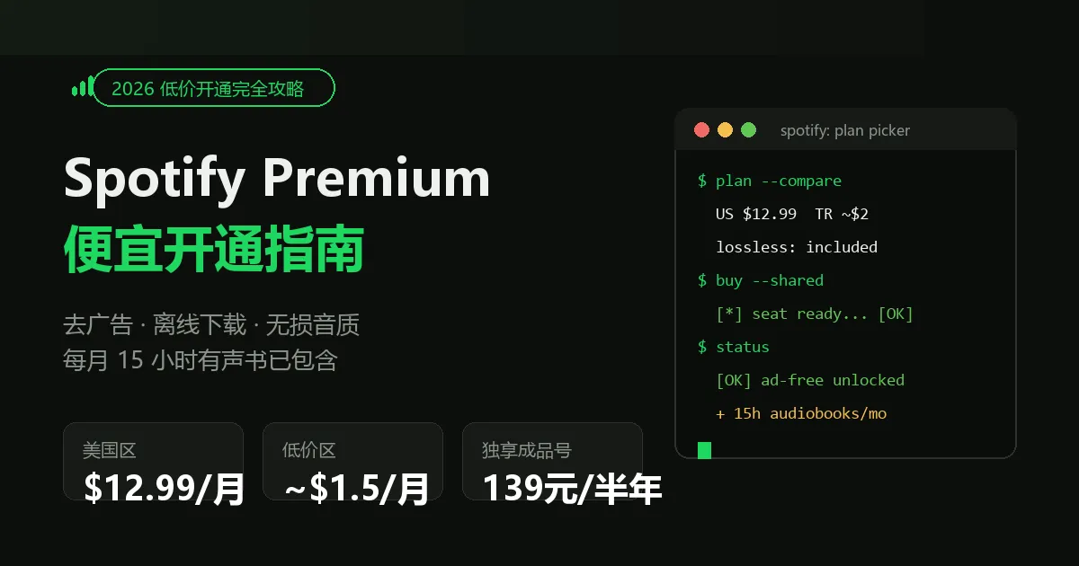 Spotify Premium 怎么买便宜（2026）：低价区现状与合租开通攻略